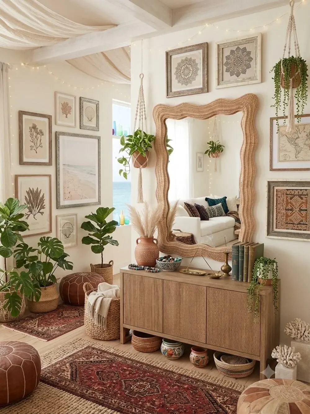 Bali & Pari Hasana Rattan Accent Wall Mirror natural handwoven scalloped frame